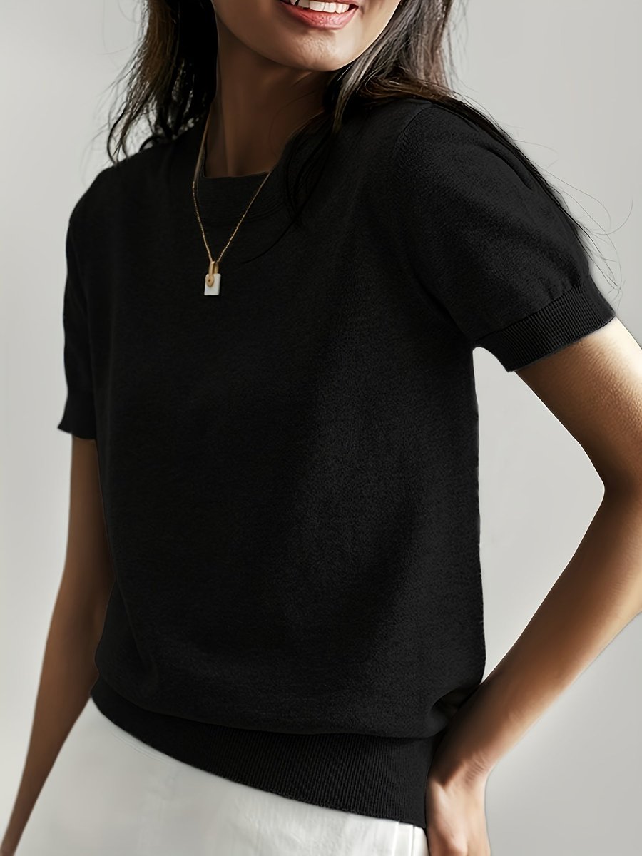 Women's Relaxed-Fit Short-Sleeve Crewneck Knit Sweater Top - Black