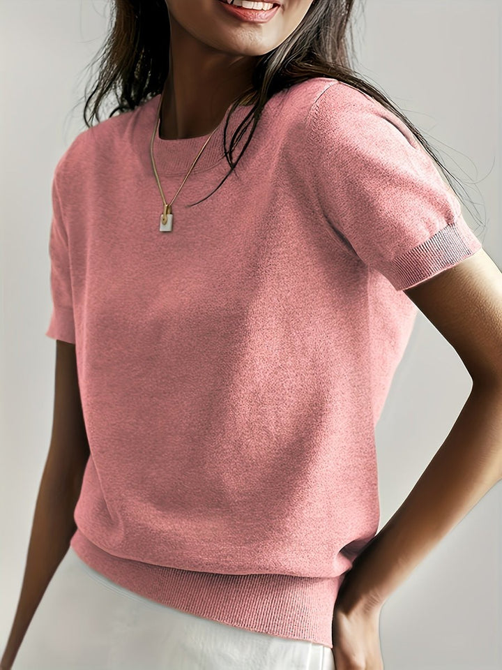 Women's Relaxed-Fit Short-Sleeve Crewneck Knit Sweater Top - Pink