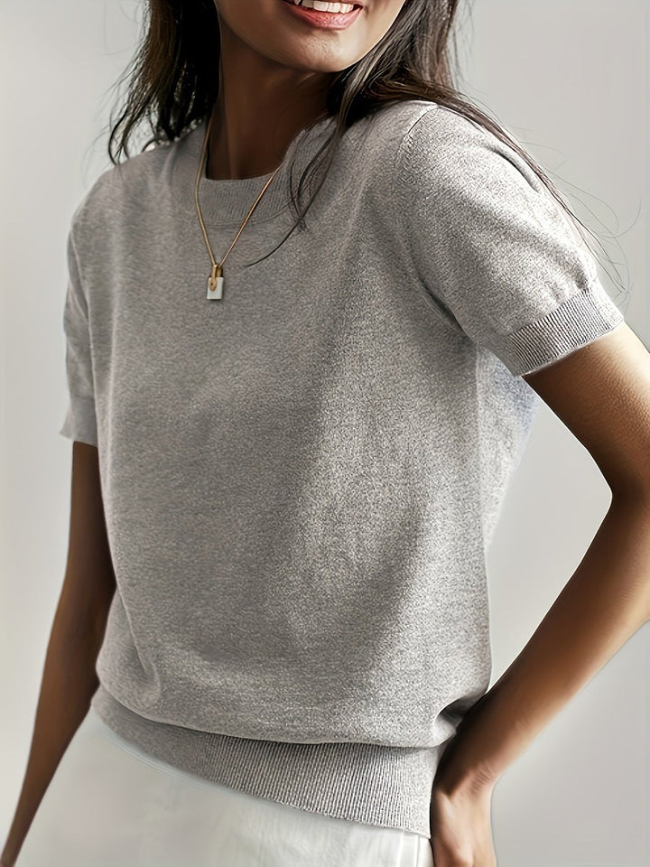 Women's Relaxed-Fit Short-Sleeve Crewneck Knit Sweater Top - Light Gray