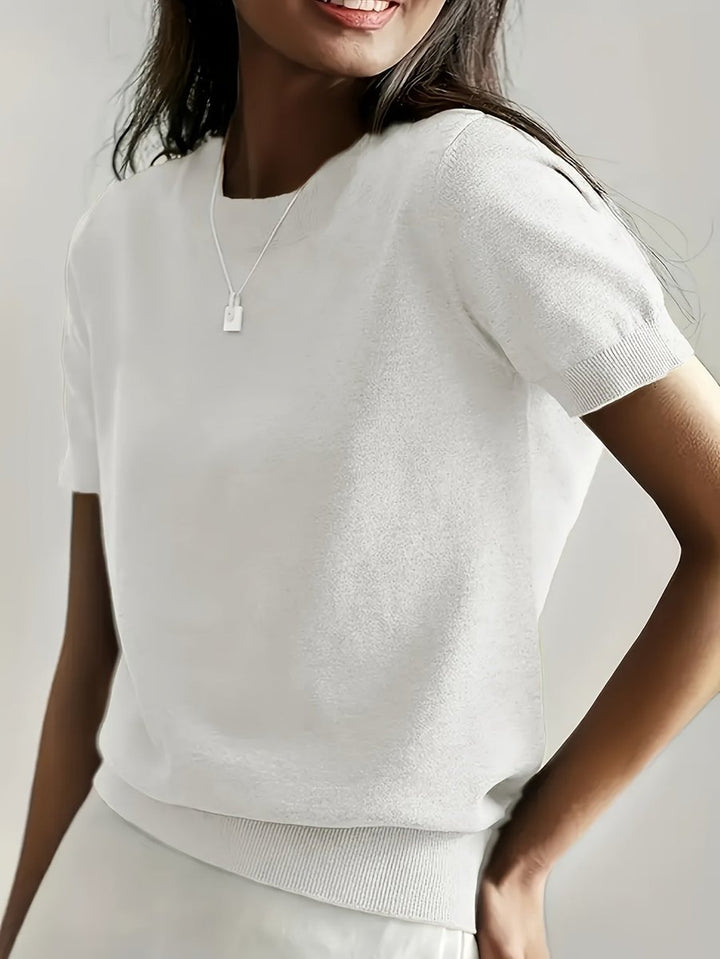 Women's Relaxed-Fit Short-Sleeve Crewneck Knit Sweater Top - White