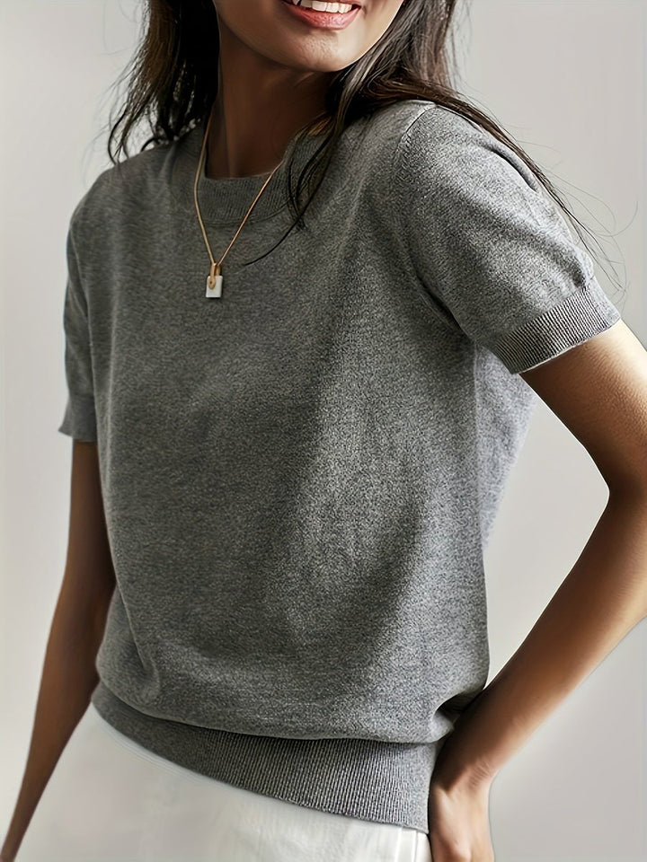 Women's Relaxed-Fit Short-Sleeve Crewneck Knit Sweater Top - Gray