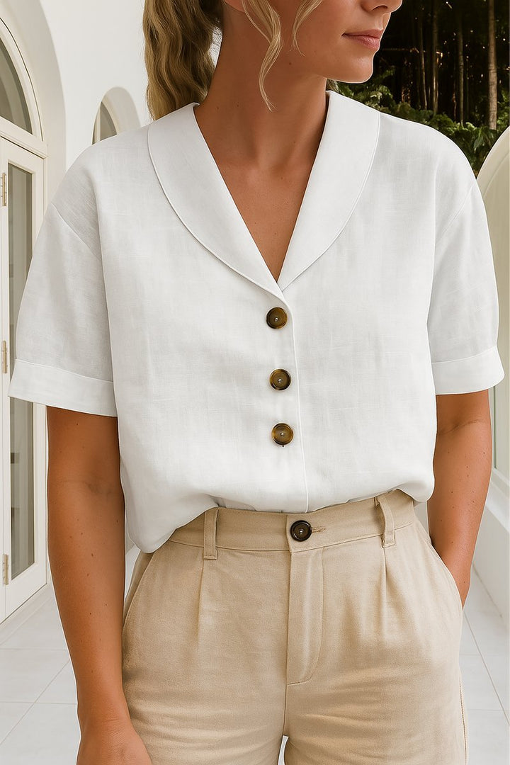 Women's Relaxed-Fit Short-Sleeve Shawl-Collar Button-Front Blouse - White
