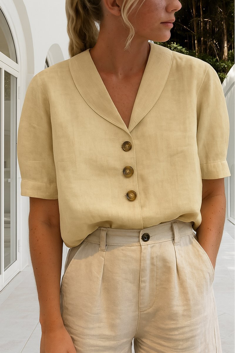 Women's Relaxed-Fit Short-Sleeve Shawl-Collar Button-Front Blouse - Beige