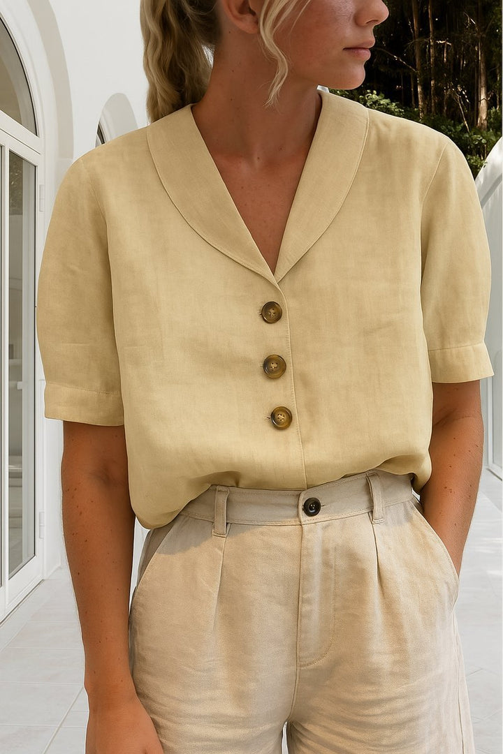 Women's Relaxed-Fit Short-Sleeve Shawl-Collar Button-Front Blouse - Beige