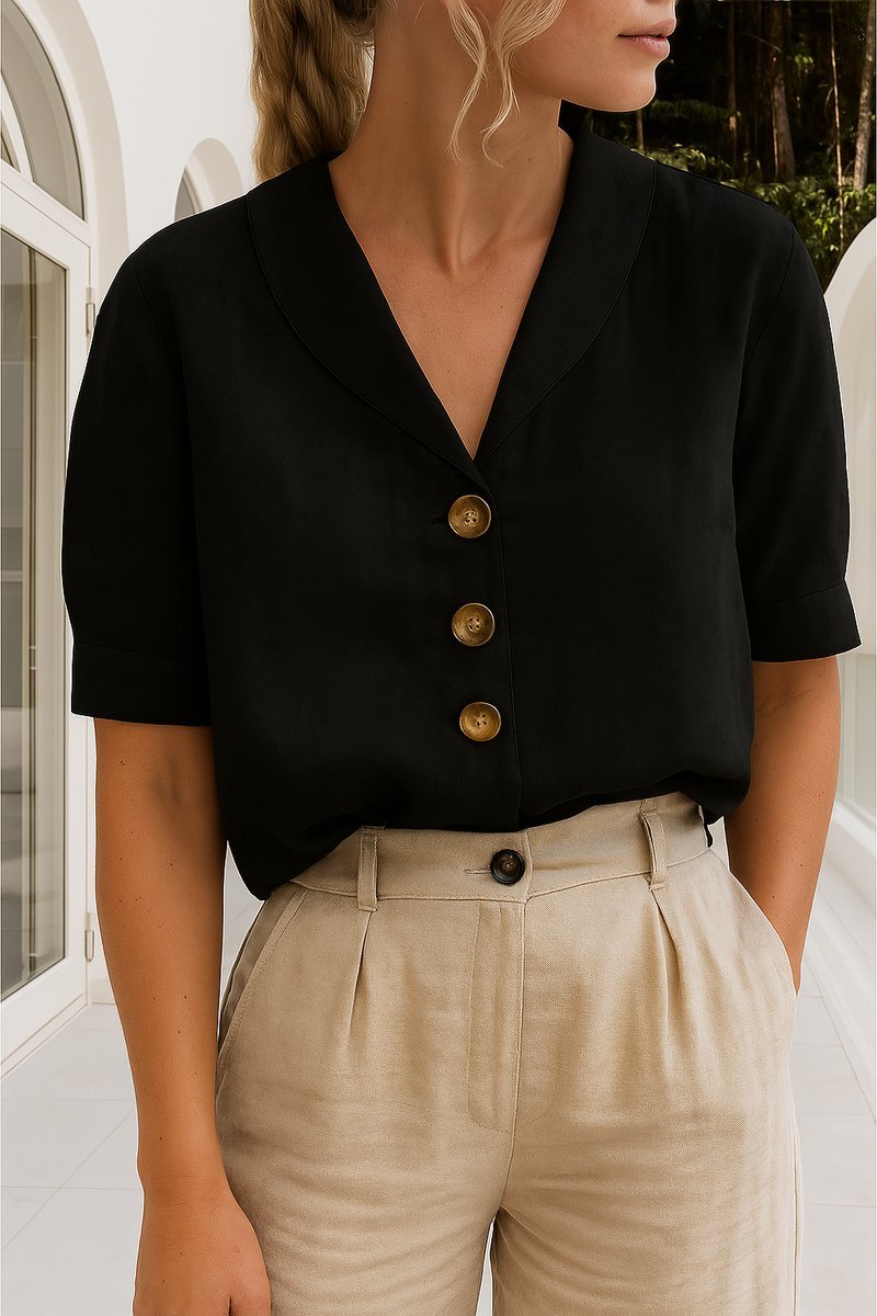 Women's Relaxed-Fit Short-Sleeve Shawl-Collar Button-Front Blouse - Black