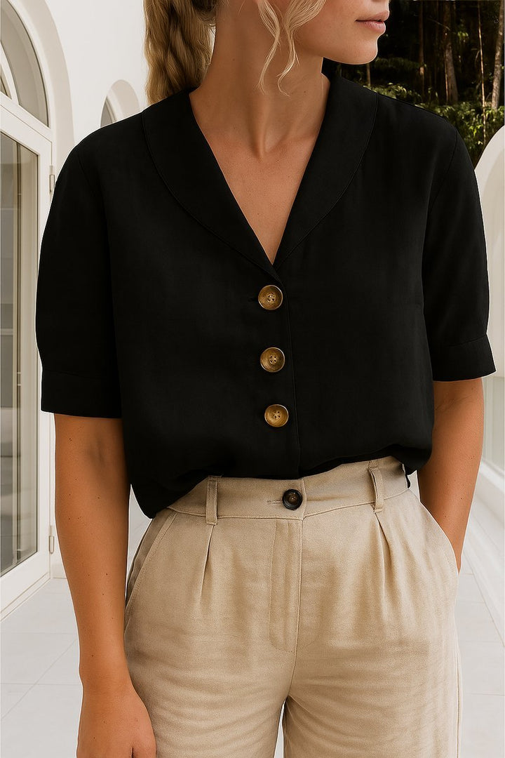 Women's Relaxed-Fit Short-Sleeve Shawl-Collar Button-Front Blouse - Black