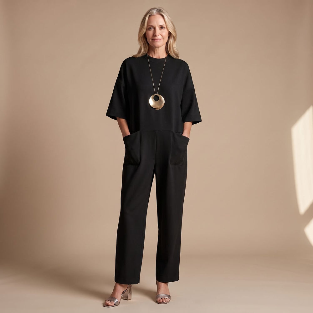 Women's Relaxed-Fit Straight-Leg Short-Sleeve Jumpsuit - Black