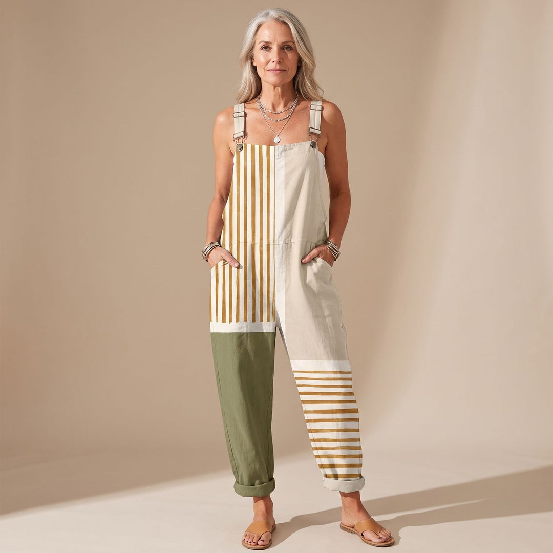 Women's Relaxed Fit Striped Color-Block Bib Overall Jumpsuit
