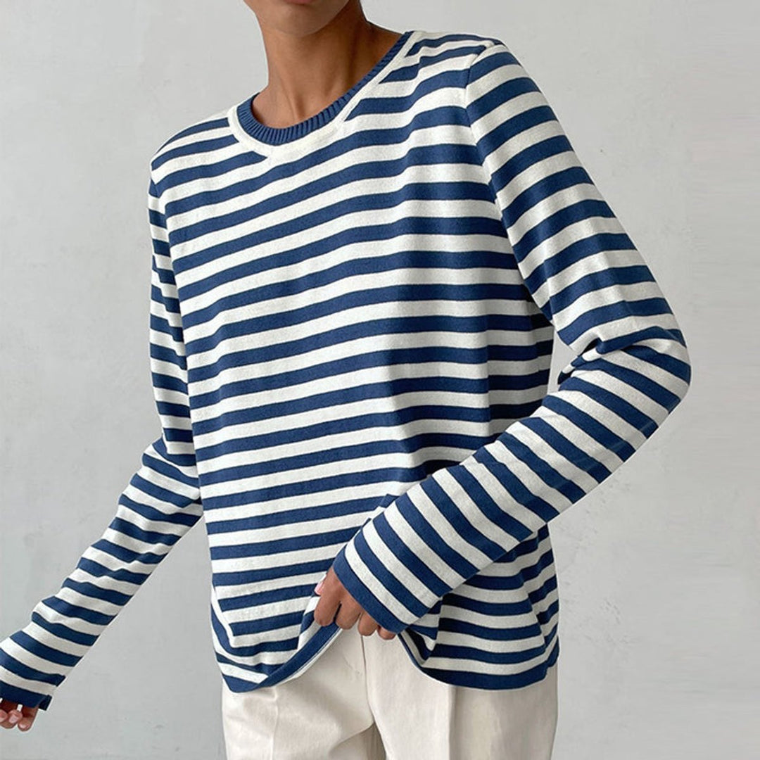 Women's Relaxed-Fit Striped Long Sleeve Crew Neck Sweater - Blue