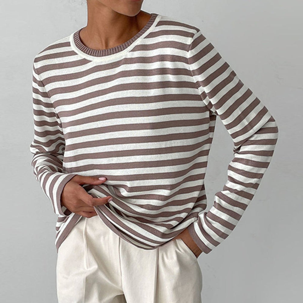 Women's Relaxed-Fit Striped Long Sleeve Crew Neck Sweater - Brown