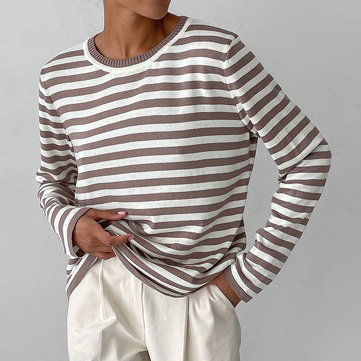 Women's Relaxed-Fit Striped Long Sleeve Crew Neck Sweater - Brown