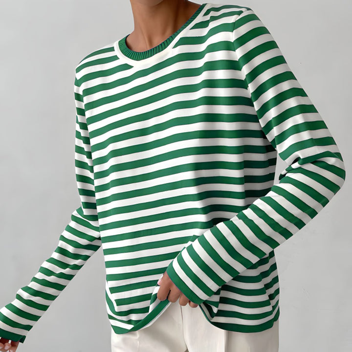 Women's Relaxed-Fit Striped Long Sleeve Crew Neck Sweater - Green