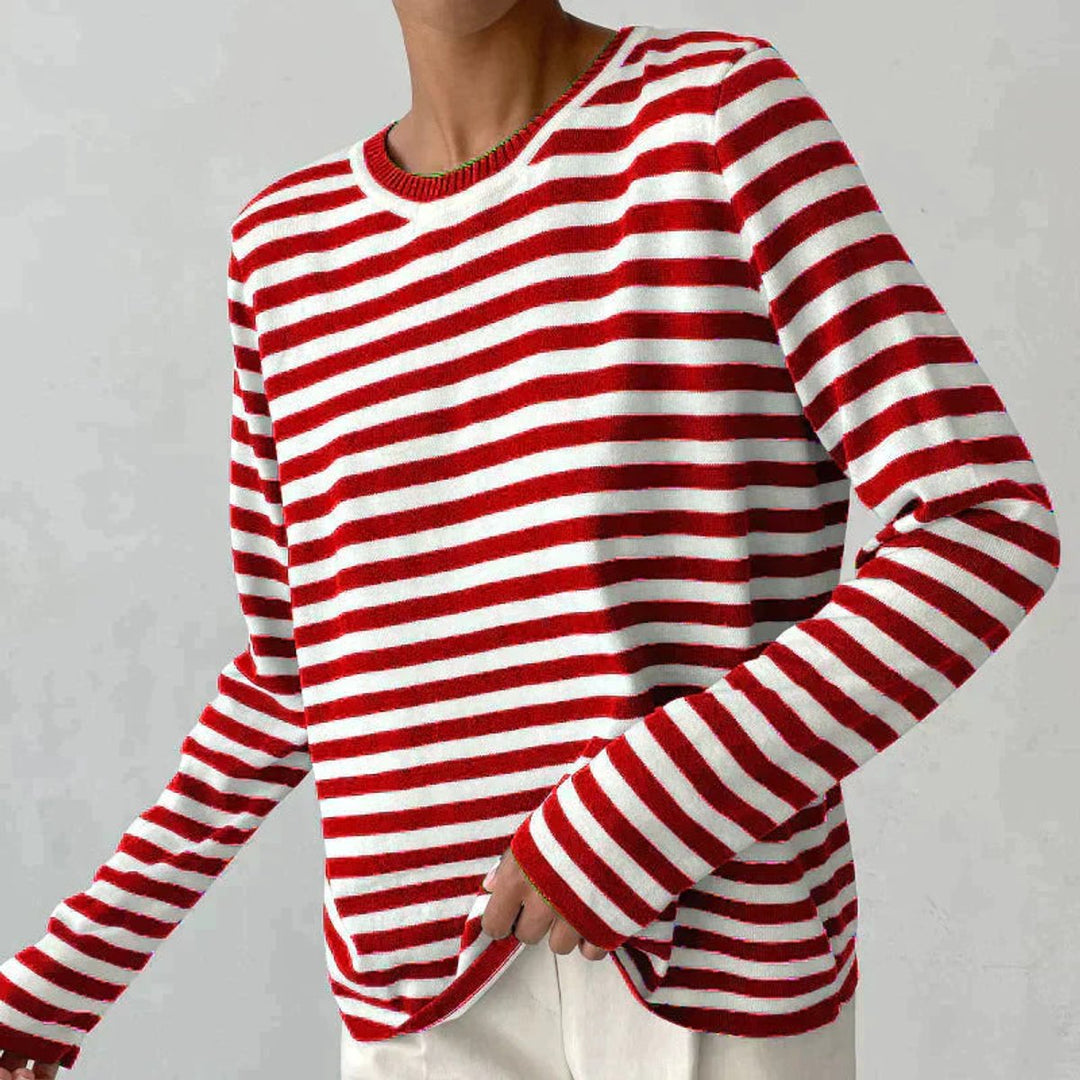 Women's Relaxed-Fit Striped Long Sleeve Crew Neck Sweater - Red