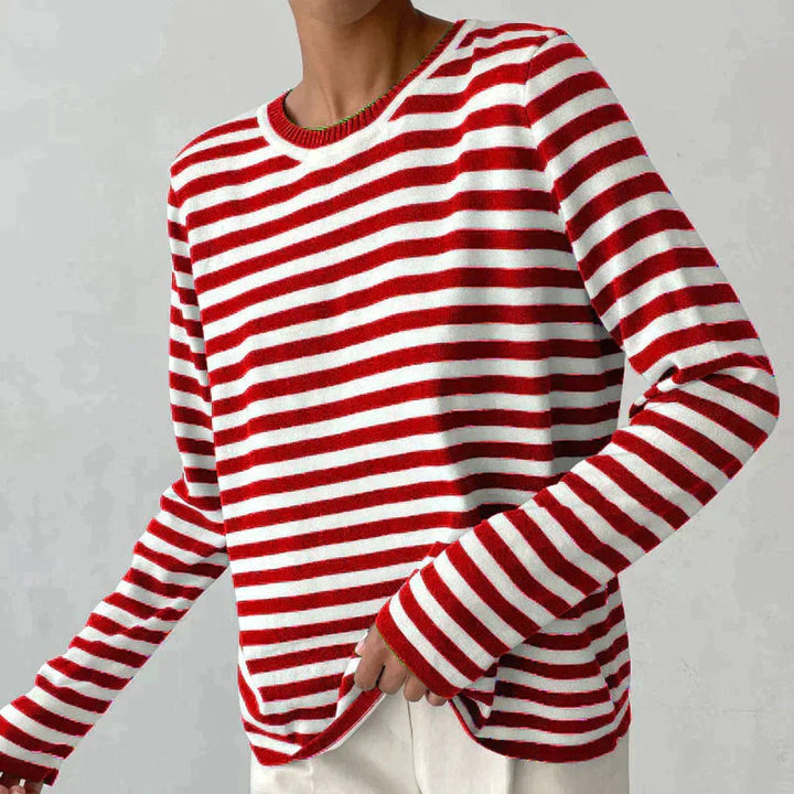 Women's Relaxed-Fit Striped Long Sleeve Crew Neck Sweater - Red