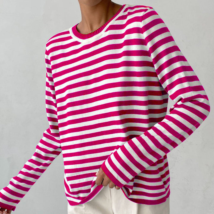 Women's Relaxed-Fit Striped Long Sleeve Crew Neck Sweater - Pink