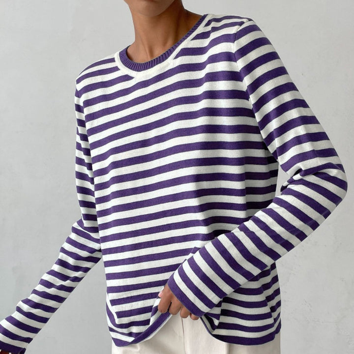 Women's Relaxed-Fit Striped Long Sleeve Crew Neck Sweater - Purple