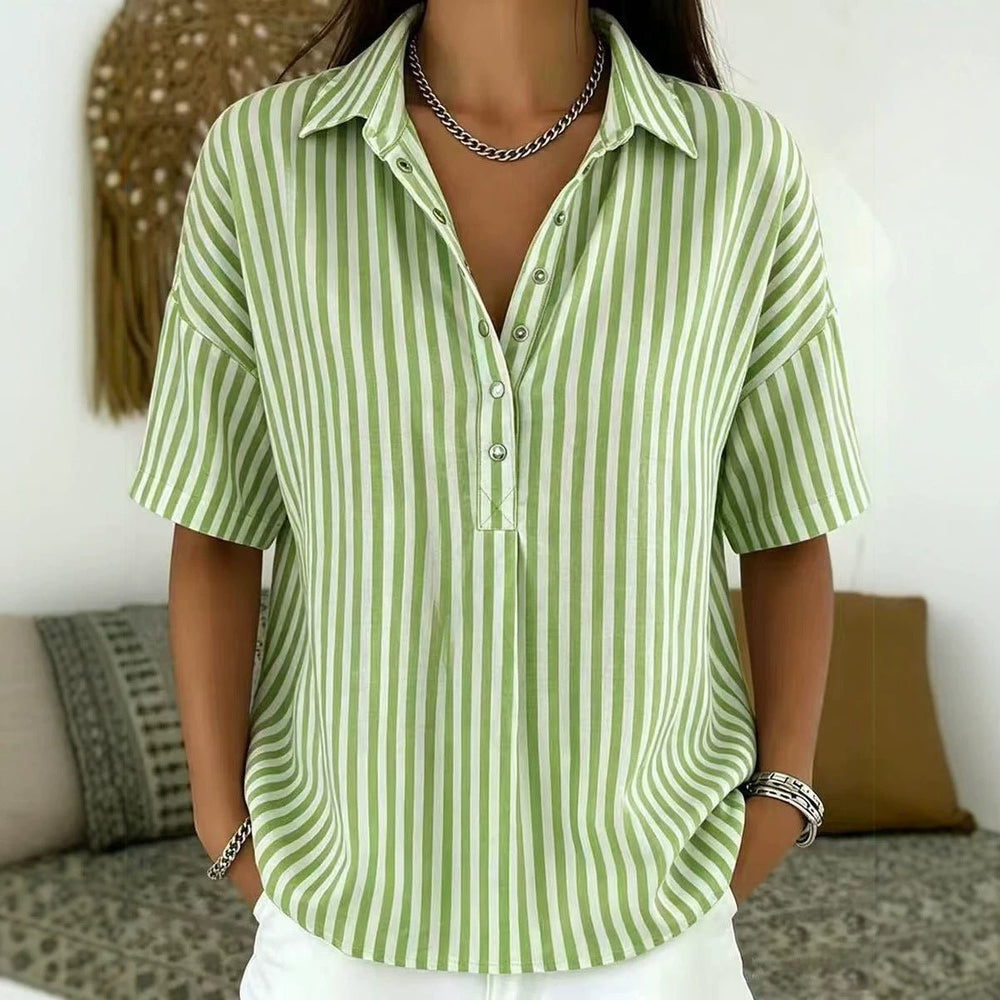 Women's Relaxed-Fit Striped Short-Sleeve Collared Blouse - Dark Green