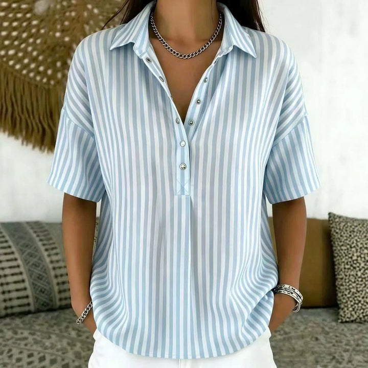 Women's Relaxed-Fit Striped Short-Sleeve Collared Blouse - Blue