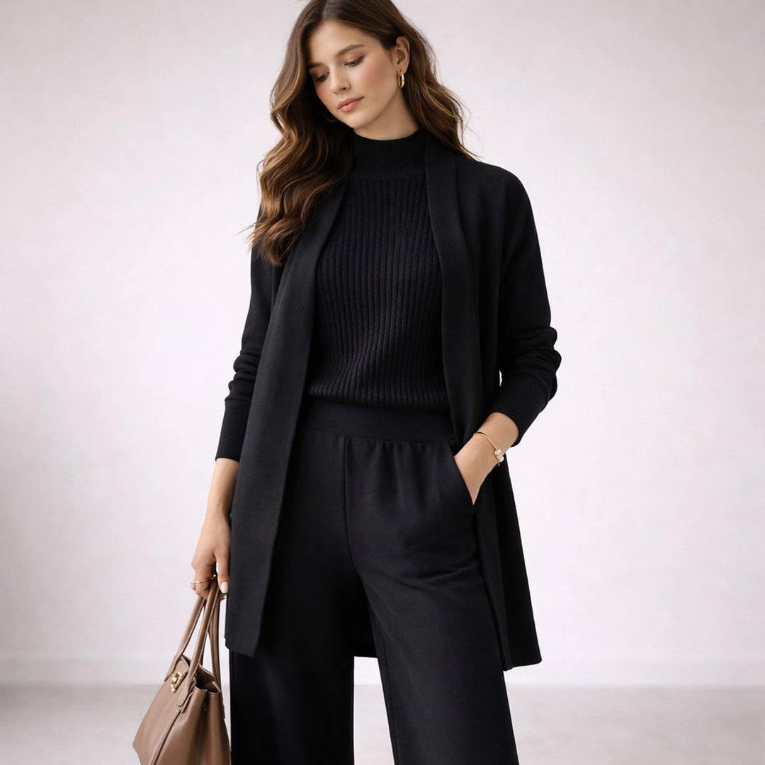 Women's Relaxed-Fit Three-Piece Knit Lounge Set Evening Gown Cardigan - Black