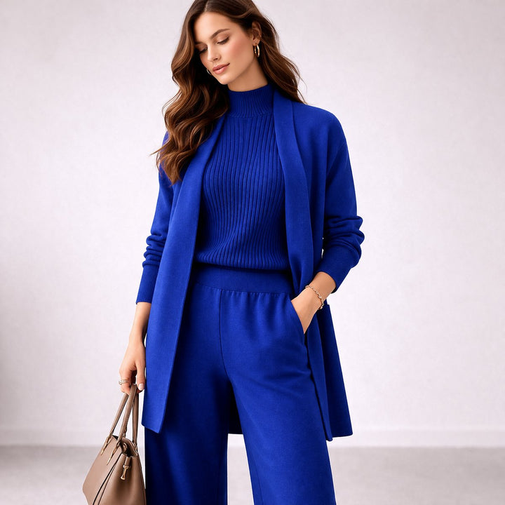 Women's Relaxed-Fit Three-Piece Knit Lounge Set Evening Gown Cardigan - Blue