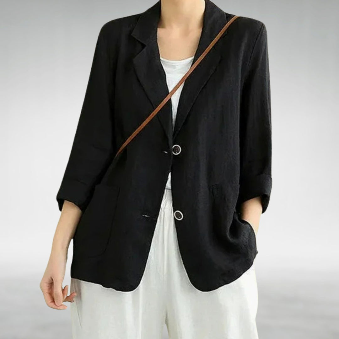 Women's Relaxed-Fit Two-Button Linen Blazer - Black
