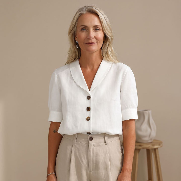 Women's Relaxed-Fit V-Neck Button-Front Short-Sleeve Blouse - White