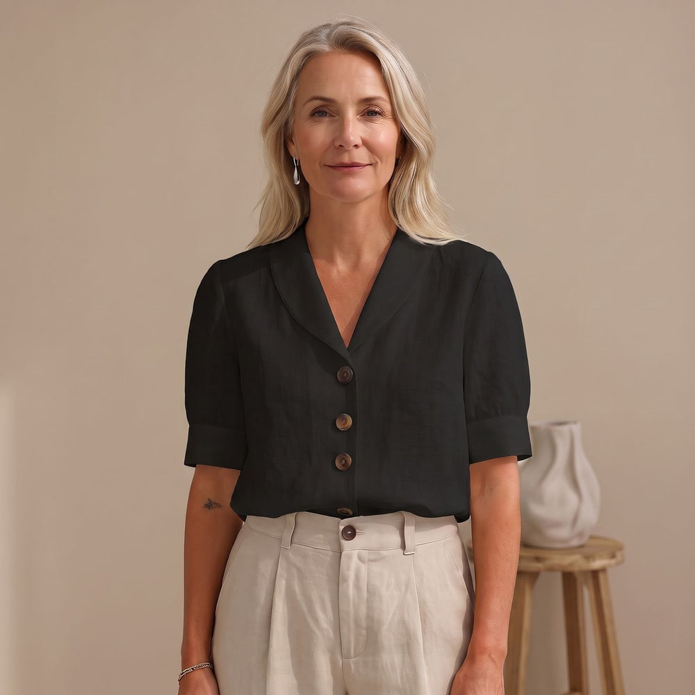 Women's Relaxed-Fit V-Neck Button-Front Short-Sleeve Blouse - Black