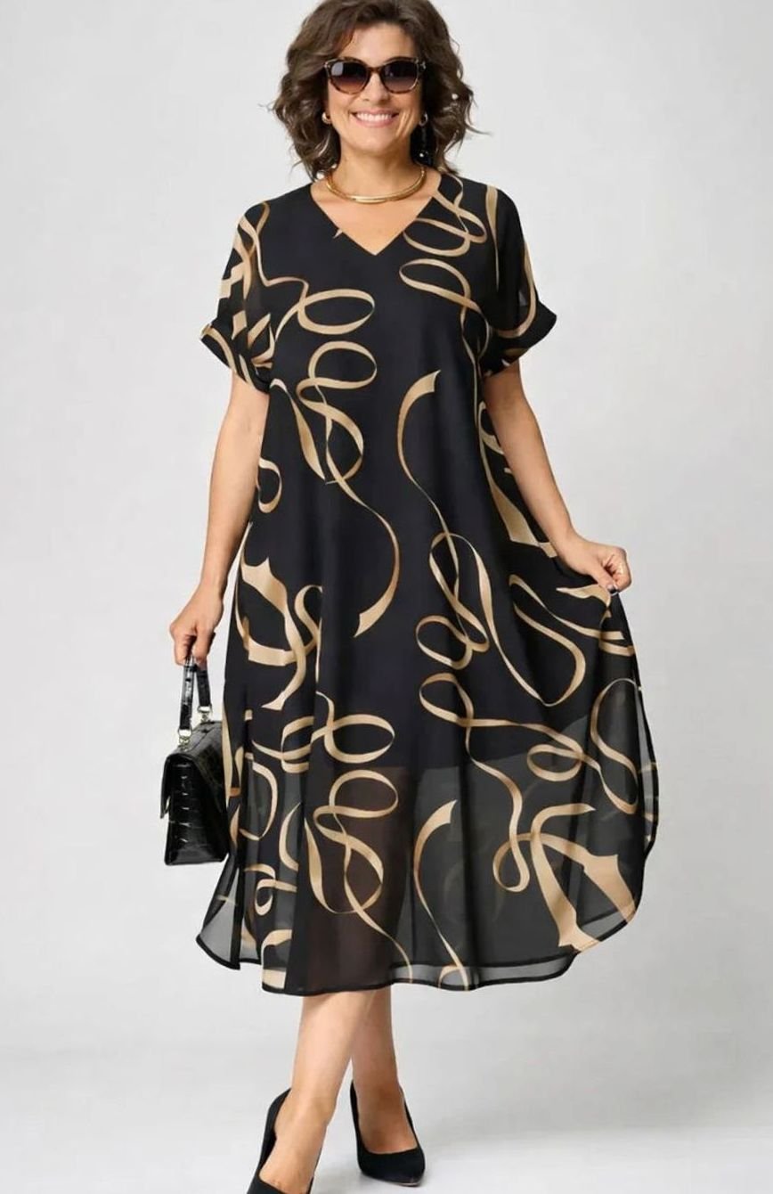 Women's Relaxed-Fit V-Neck Gold Ribbon Print Midi Formal Dress