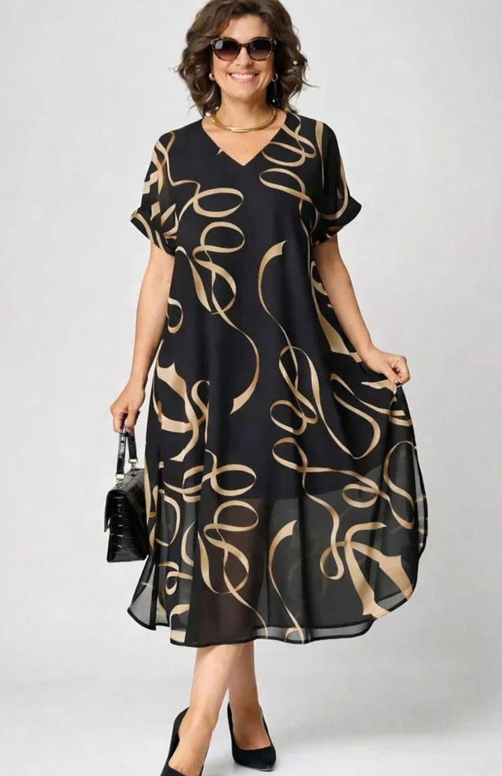 Women's Relaxed-Fit V-Neck Gold Ribbon Print Midi Formal Dress