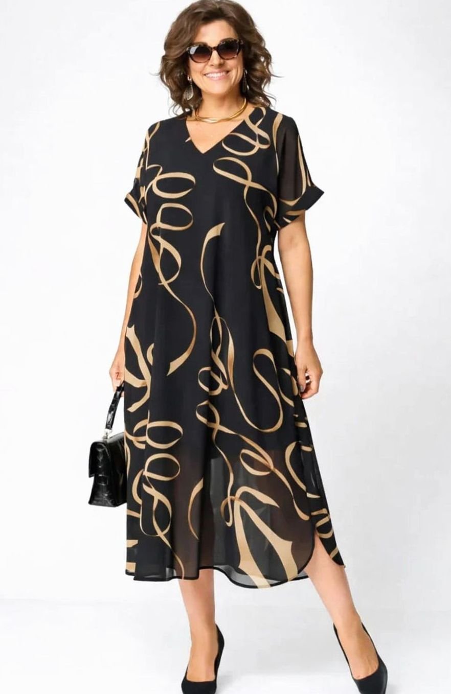 Women's Relaxed-Fit V-Neck Gold Ribbon Print Midi Formal Dress