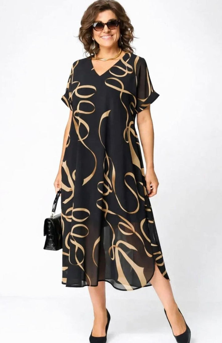 Women's Relaxed-Fit V-Neck Gold Ribbon Print Midi Formal Dress