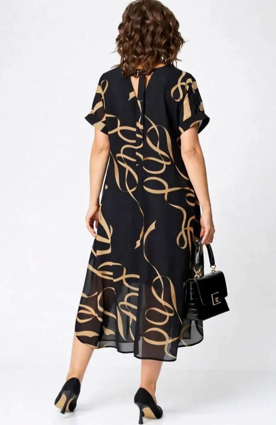 Women's Relaxed-Fit V-Neck Gold Ribbon Print Midi Formal Dress