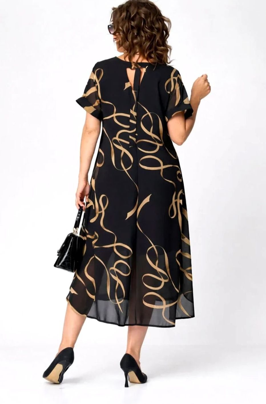 Women's Relaxed-Fit V-Neck Gold Ribbon Print Midi Formal Dress