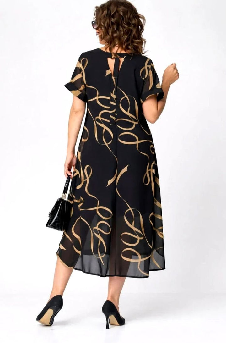 Women's Relaxed-Fit V-Neck Gold Ribbon Print Midi Formal Dress