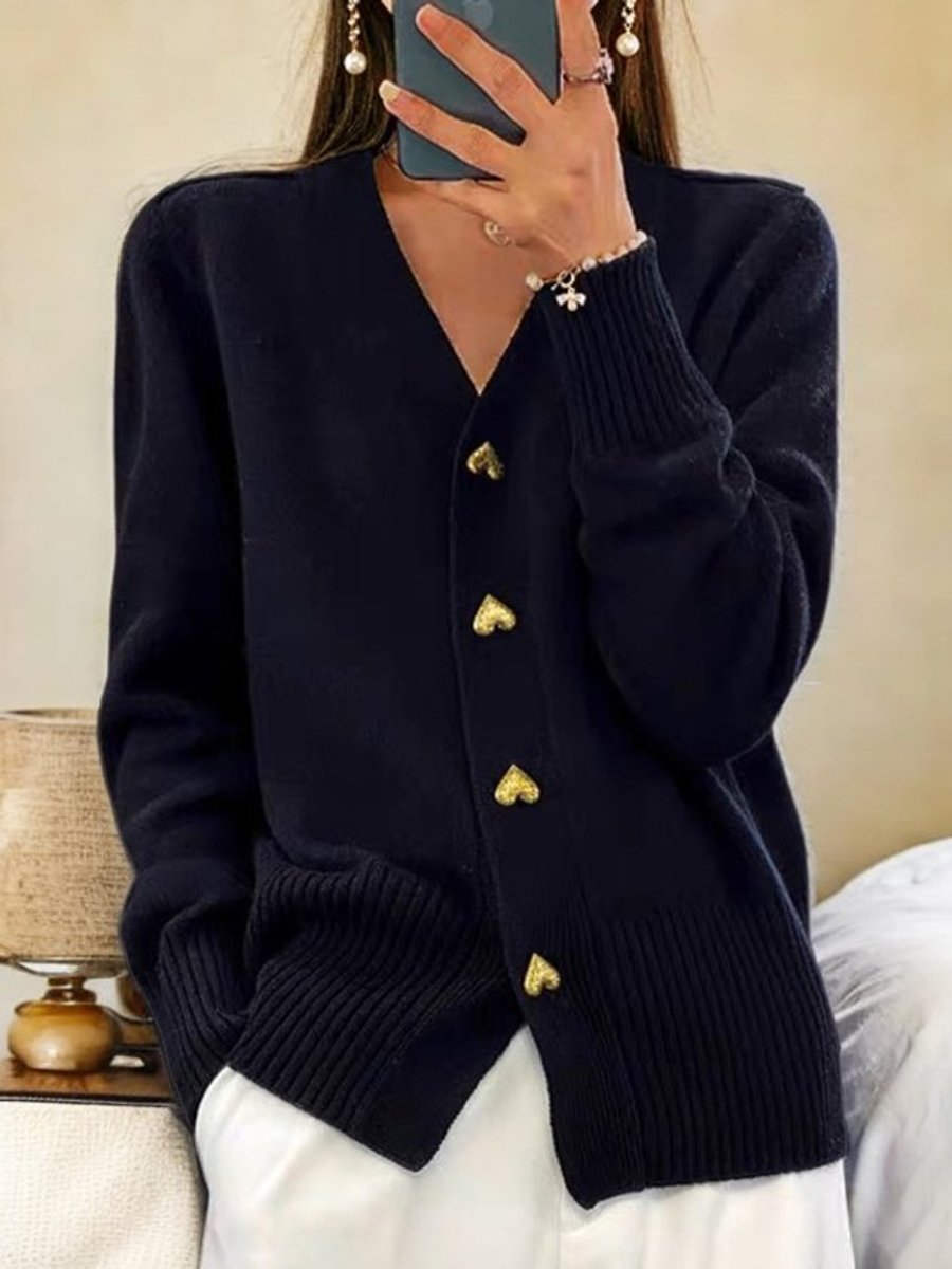 Women's Relaxed-Fit V-Neck Knit Cardigan Gold Heart Buttons - Black