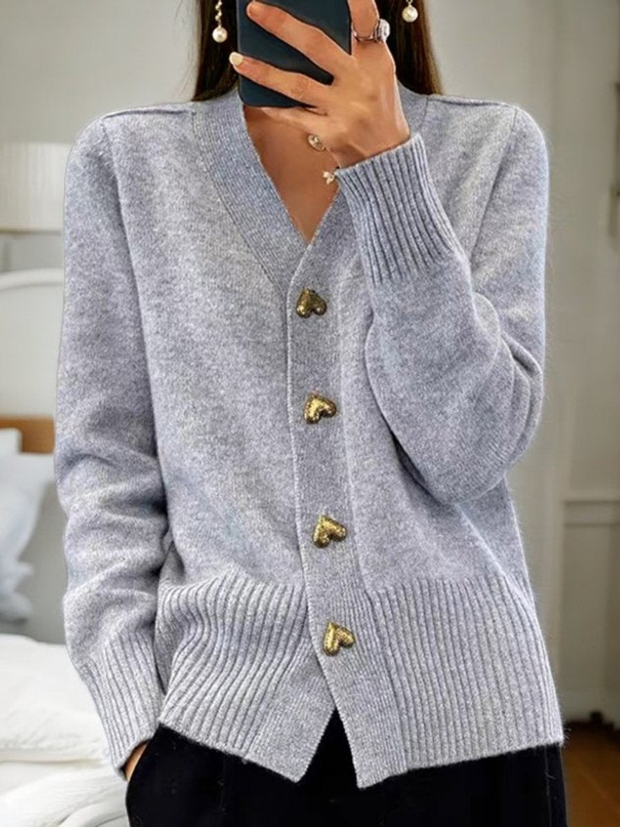 Women's Relaxed-Fit V-Neck Knit Cardigan Gold Heart Buttons - Grey