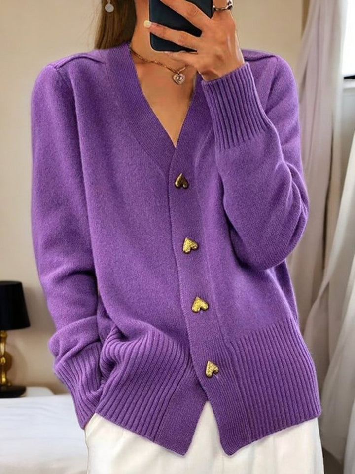 Women's Relaxed-Fit V-Neck Knit Cardigan Gold Heart Buttons - Violet
