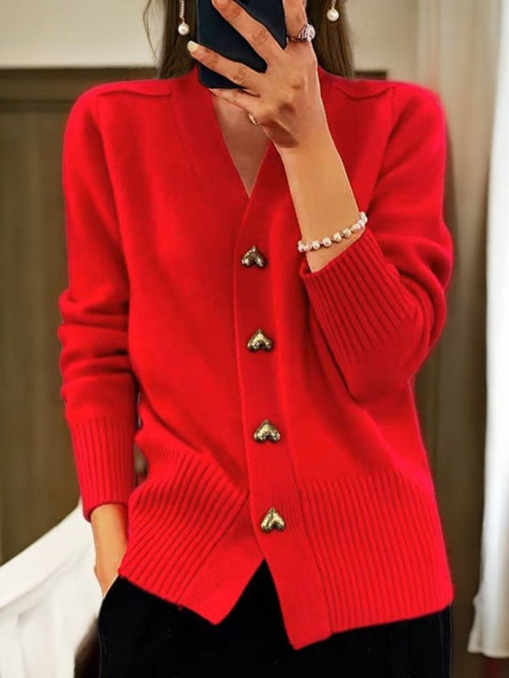 Women's Relaxed-Fit V-Neck Knit Cardigan Gold Heart Buttons - Red