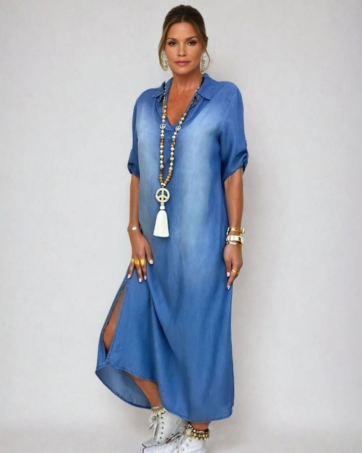 Women's Relaxed-Fit V-Neck Midi Shirt Dress Side Slit