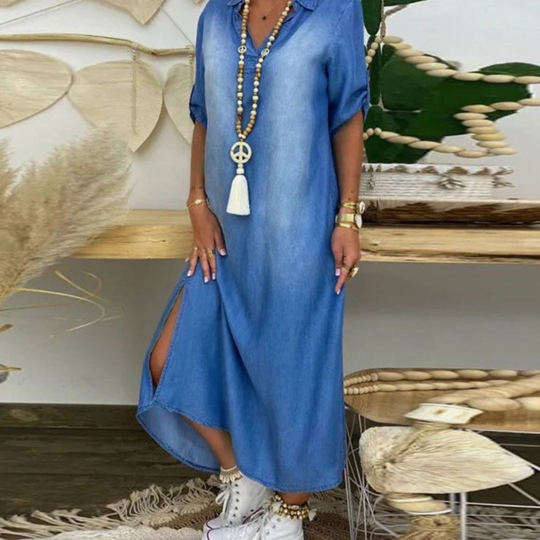 Women's Relaxed-Fit V-Neck Midi Shirt Dress Side Slit - Blue
