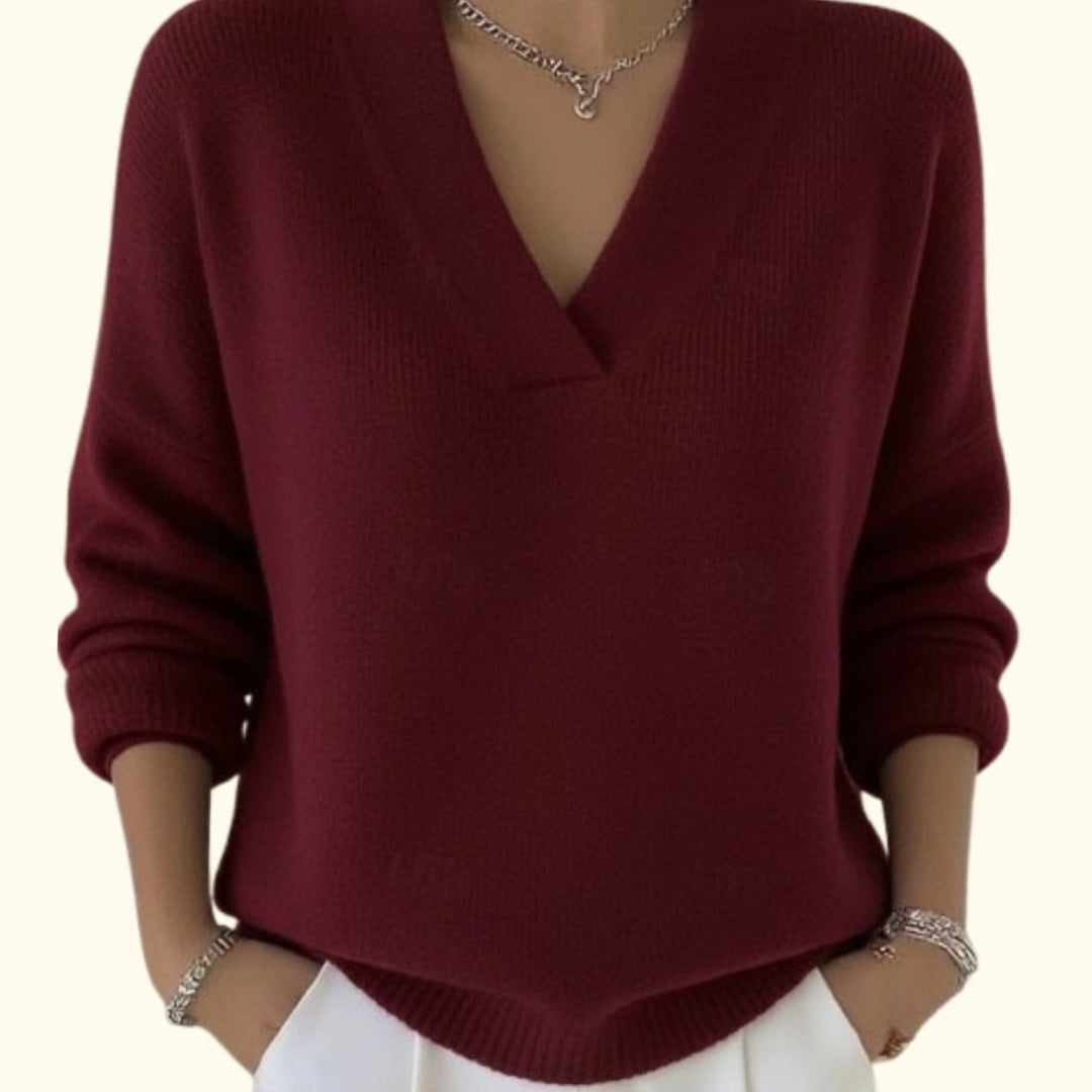 Women's Relaxed-Fit V-Neck Ribbed-Trim Knitwear Pullover Sweater - Red