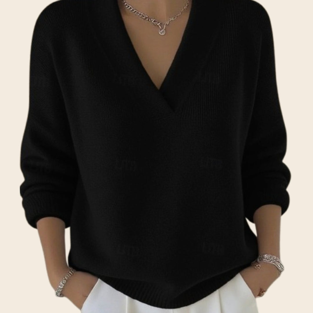 Women's Relaxed-Fit V-Neck Ribbed-Trim Knitwear Pullover Sweater - Black