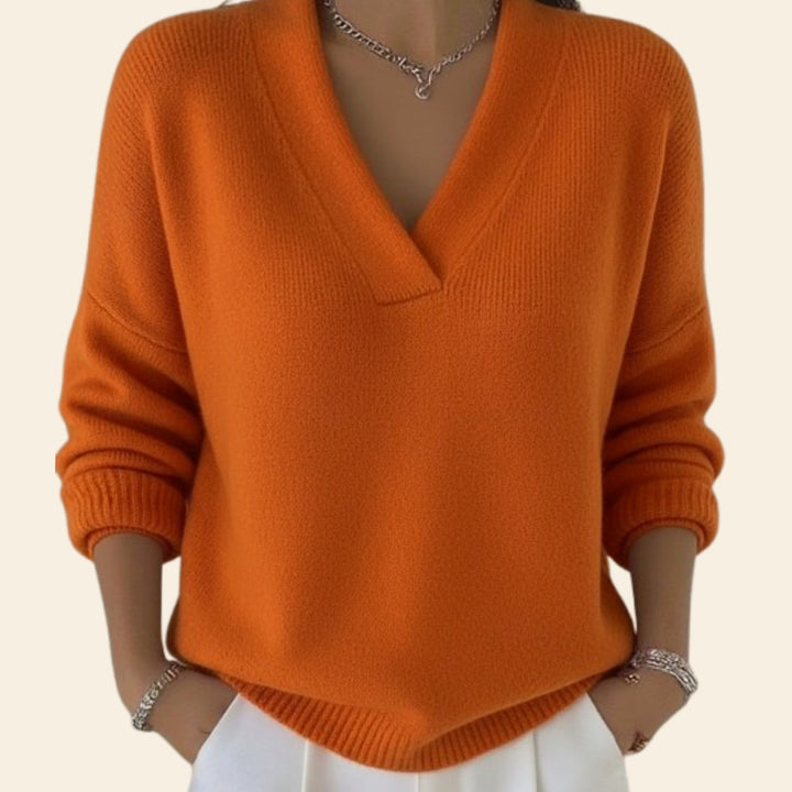 Women's Relaxed-Fit V-Neck Ribbed-Trim Knitwear Pullover Sweater - Orange