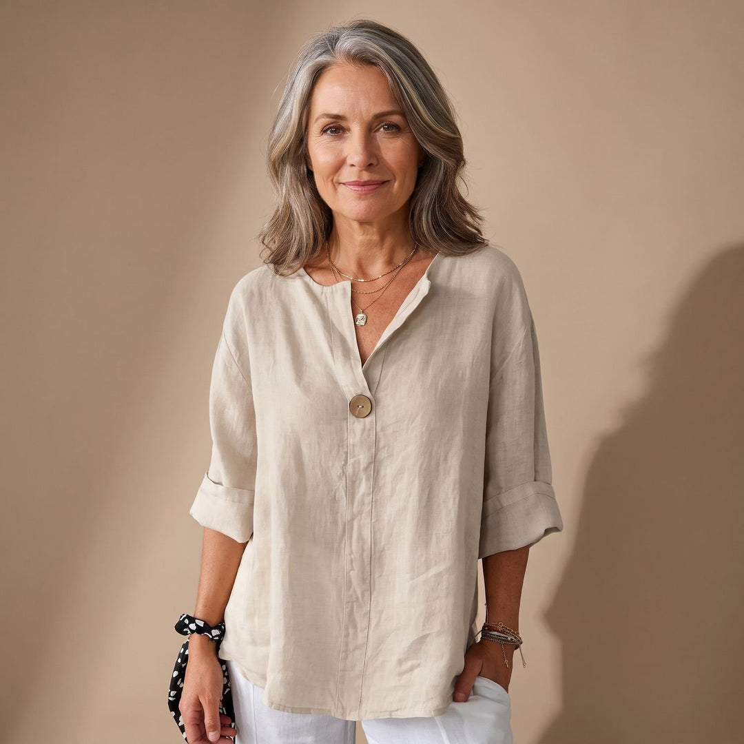 Women's Relaxed-Fit V-Neck Single-Button Linen Blouse - Beige