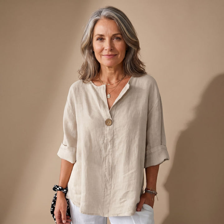 Women's Relaxed-Fit V-Neck Single-Button Linen Blouse - Beige