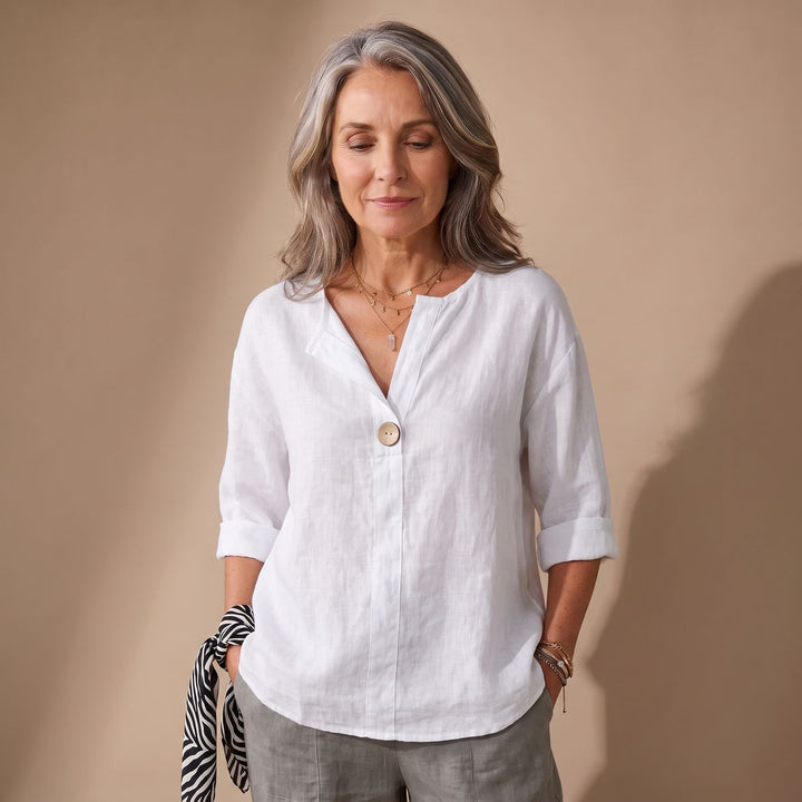 Women's Relaxed-Fit V-Neck Single-Button Linen Blouse - White