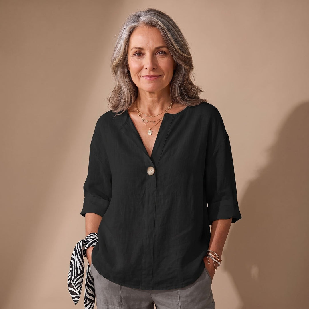 Women's Relaxed-Fit V-Neck Single-Button Linen Blouse - Black