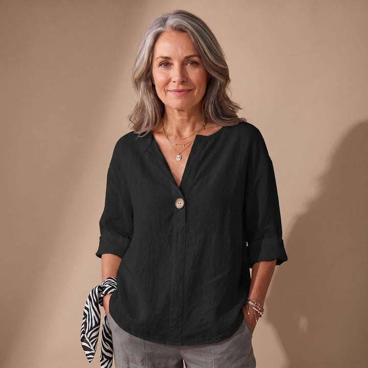 Women's Relaxed-Fit V-Neck Single-Button Linen Blouse - Black