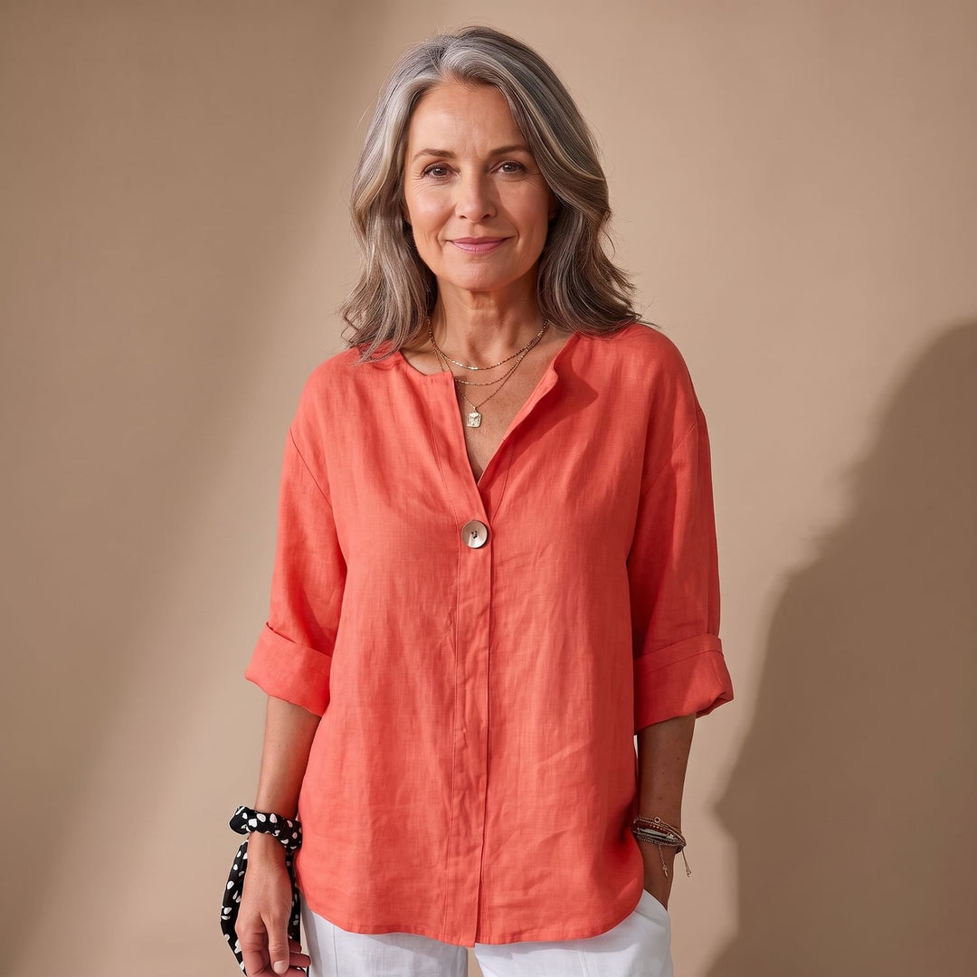 Women's Relaxed-Fit V-Neck Single-Button Linen Blouse - Red