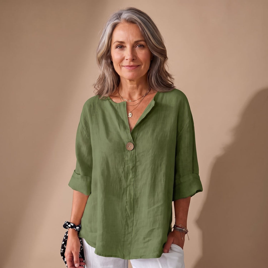 Women's Relaxed-Fit V-Neck Single-Button Linen Blouse - Green
